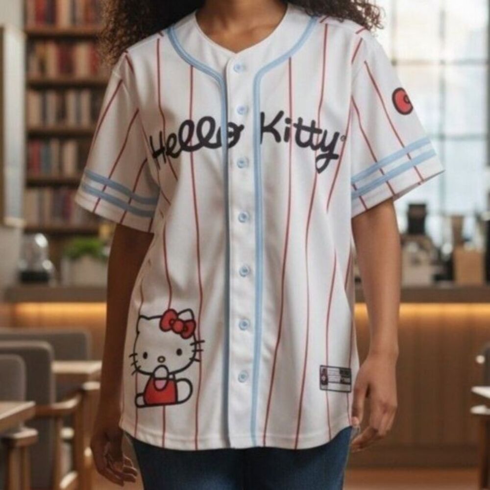 NWT Hello Kitty by Sanrio 2024 Pinstripe Baseball Jersey White/Blue Size Small